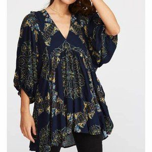 Free People Girl Talk Tunic Top Navy Paisley Size M